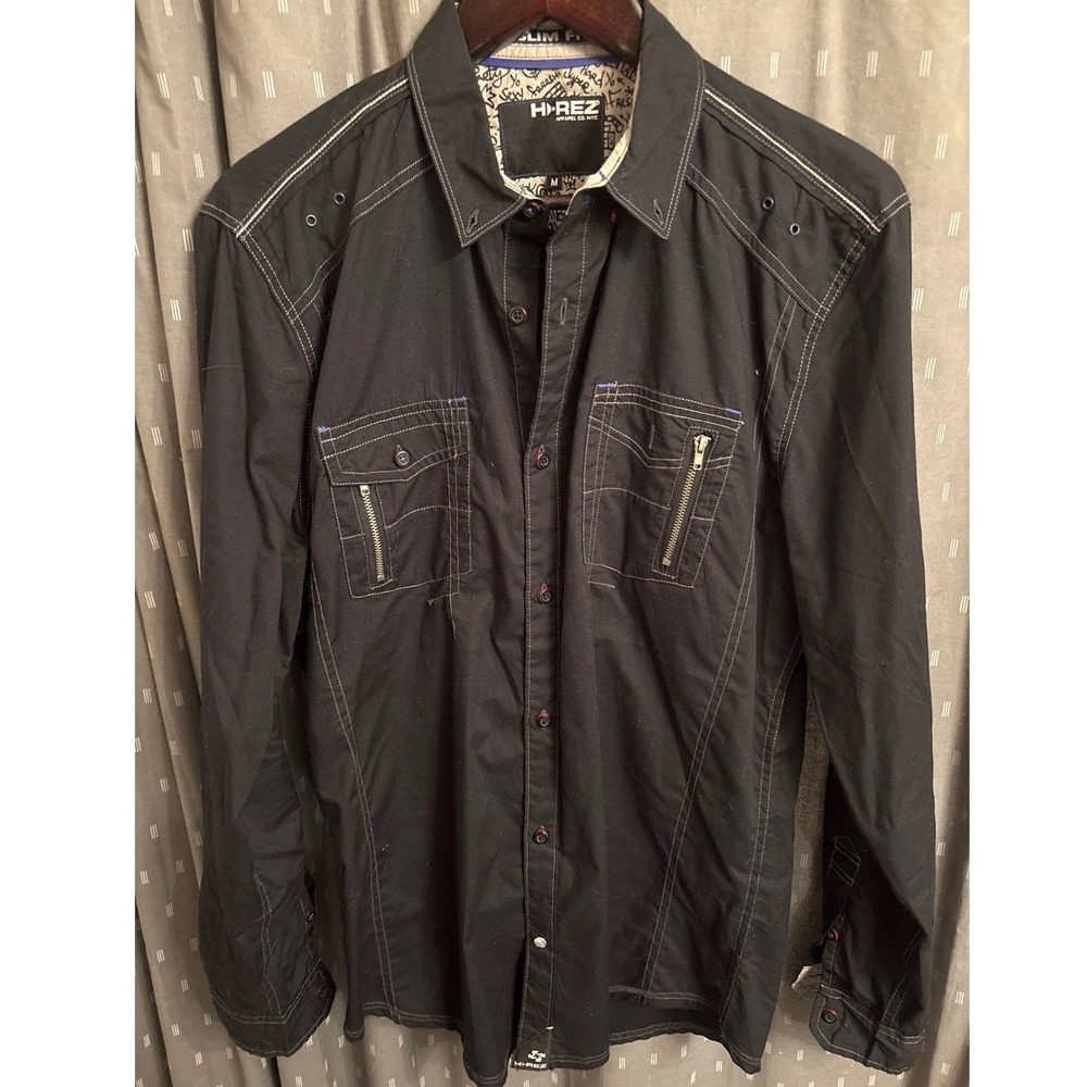H-REZ Apparel Co NYC Mens Slim Fit Black Button Down Shirt Contrast Stitch M